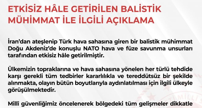 MSB Adana’ya fırlatılan füze ile ilgili açıklama!