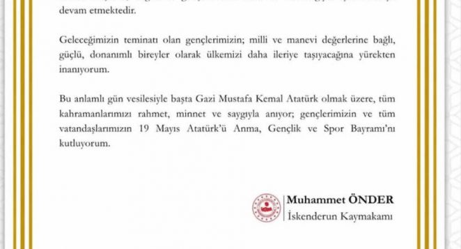 Kaymakam Önder’den 19 Mayıs Atatürk’ü Anma ve Gençlik ve Spor Bayramı kutlama Mesajı